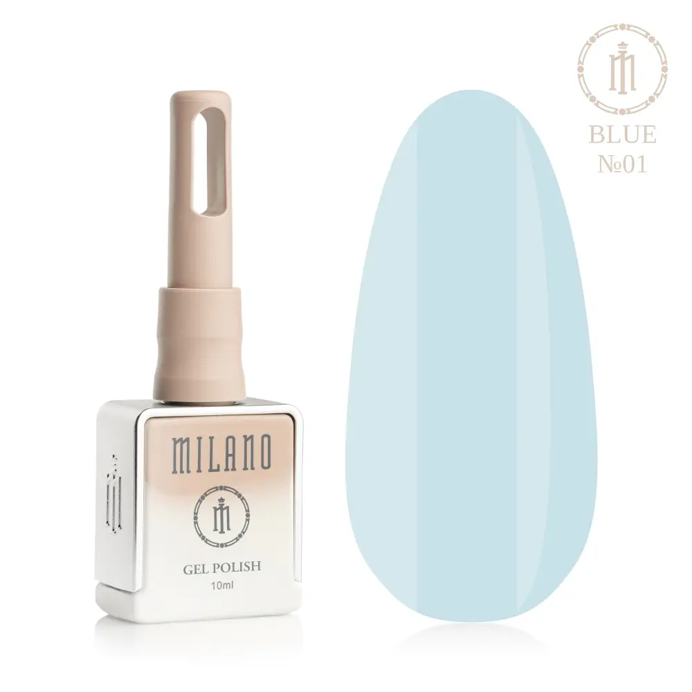«Презентація гель-лаку Milano Gel Polish Blue Premium №01: ліворуч зображено фірмовий квадратний флакон об'ємом 10 мл у ніжно-нюдовому градієнтному виконанні з круглим логотипом, а праворуч — великий овальний макет-тіпс, який демонструє глибокий і щільний темно-синій, шляхетний напівнічний або стриманий класичний синій відтінок покриття, на чистому білому тлі»