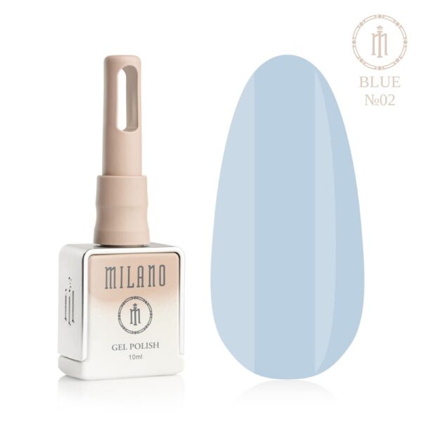 «Презентація гель-лаку Milano Gel Polish Blue Premium №02: ліворуч зображено фірмовий квадратний флакон об'ємом 10 мл у ніжно-нюдовому градієнтному виконанні з круглим логотипом, а праворуч — великий овальний макет-тіпс, який демонструє експресивний королівський синій, яскравий ультрамариновий або соковитий відтінок електрик, на чистому білому тлі»