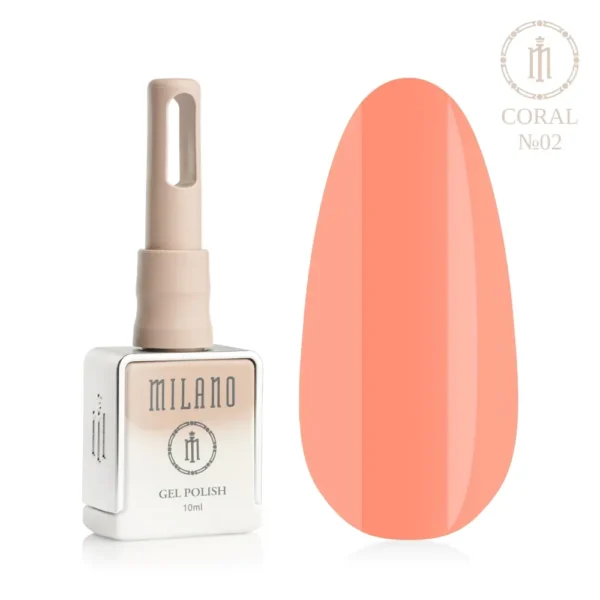 «Презентація гель-лаку Milano Gel Polish Coral Premium №02: ліворуч зображено фірмовий квадратний флакон об'ємом 10 мл у ніжно-ліловому градієнтному виконанні з круглим логотипом, а праворуч — великий овальний макет-тіпс, який демонструє ніжний пастельний пудрово-кораловий відтінок із м'яким рожевим підтоном, на чистому білому тлі»