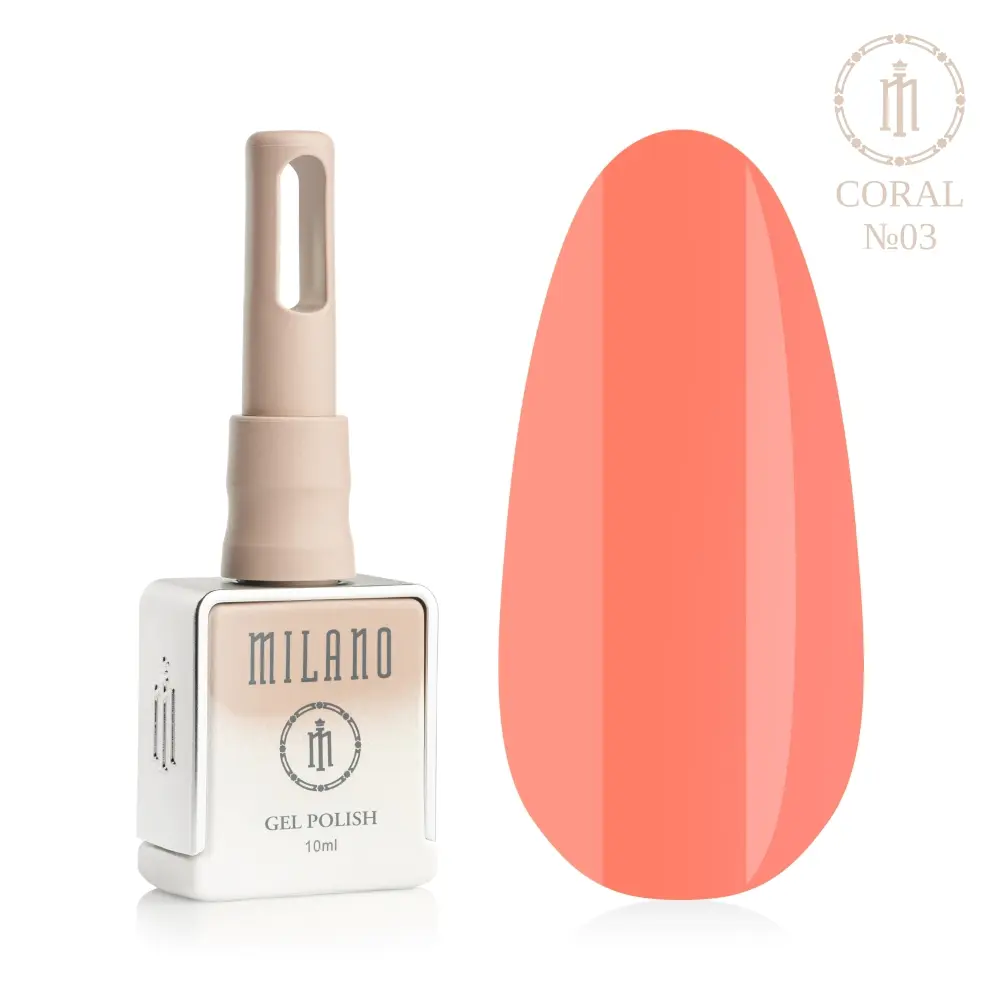 «Презентація гель-лаку Milano Gel Polish Coral Premium №03: ліворуч зображено фірмовий квадратний флакон об'ємом 10 мл у ніжно-ліловому градієнтному виконанні з круглим логотипом, а праворуч — великий овальний макет-тіпс, який демонструє витончений світло-лососевий або чистий пастельний кораловий відтінок, на чистому білому тлі»
