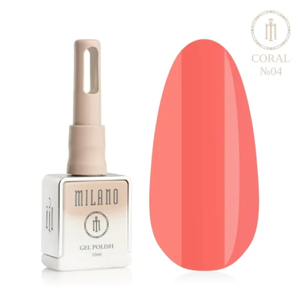 «Презентація гель-лаку Milano Gel Polish Coral Premium №04: ліворуч зображено фірмовий квадратний флакон об'ємом 10 мл у ніжно-ліловому градієнтному виконанні з круглим логотипом, а праворуч — великий овальний макет-тіпс, який демонструє теплий пастельний коралово-помаранчевий відтінок покриття, на чистому білому тлі»