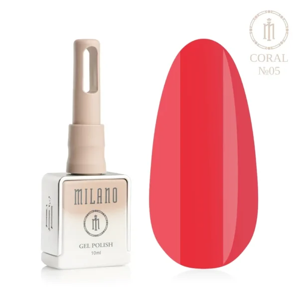 «Презентація гель-лаку Milano Gel Polish Coral Premium №05: ліворуч зображено фірмовий квадратний флакон об'ємом 10 мл у ніжно-ліловому градієнтному виконанні з круглим логотипом, а праворуч — великий овальний макет-тіпс, який демонструє соковитий та насичений пастельно-кораловий відтінок із делікатним рожево-лососевим нюансом, на чистому білому тлі»