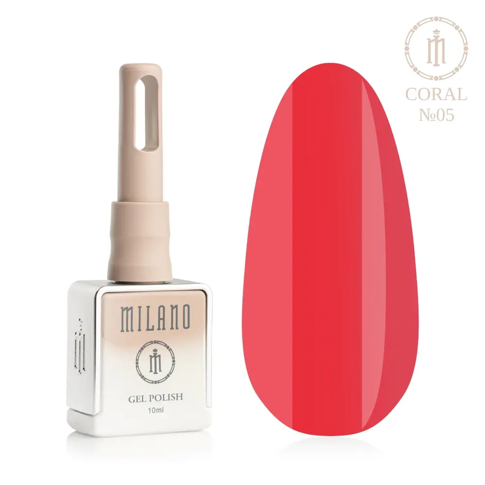 «Презентація гель-лаку Milano Gel Polish Coral Premium №05: ліворуч зображено фірмовий квадратний флакон об'ємом 10 мл у ніжно-ліловому градієнтному виконанні з круглим логотипом, а праворуч — великий овальний макет-тіпс, який демонструє соковитий та насичений пастельно-кораловий відтінок із делікатним рожево-лососевим нюансом, на чистому білому тлі»