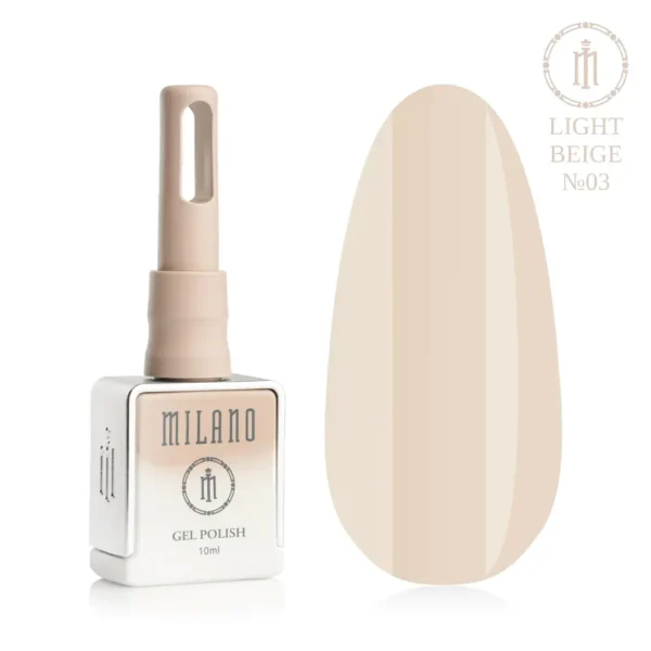 «Презентація гель-лаку Milano Gel Polish Light Beige Premium №03: ліворуч зображено фірмовий квадратний флакон об'ємом 10 мл у ніжно-ліловому градієнтному виконанні з круглим логотипом, а праворуч — великий овальний макет-тіпс, який демонструє делікатний пастельний блідо-нюдовий відтінок із нейтральним підтоном, на чистому білому тлі»