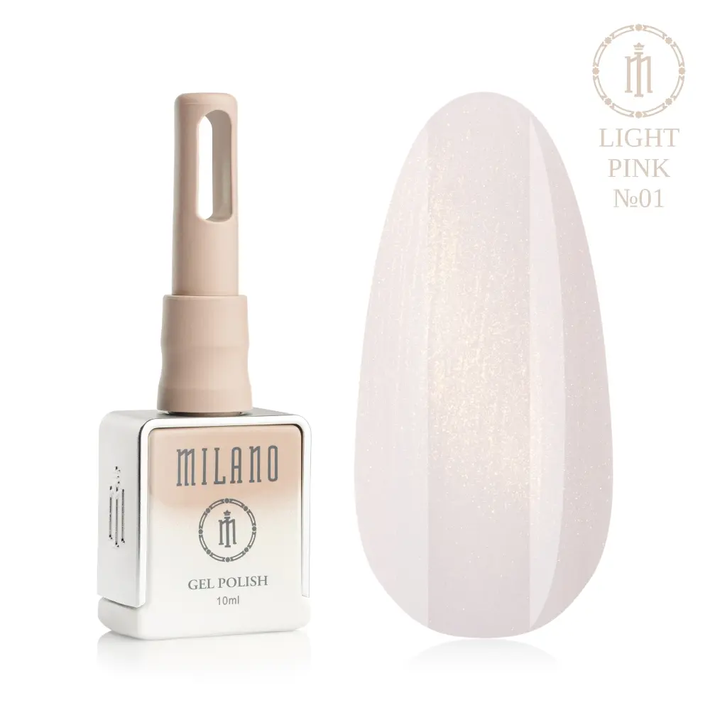 «Презентація гель-лаку Milano Gel Polish Light Pink Premium №01: ліворуч зображено фірмовий квадратний флакон об'ємом 10 мл у ніжно-нюдовому градієнтному виконанні з круглим логотипом, а праворуч — великий овальний макет-тіпс, який демонструє повітряний напівпрозорий світло-рожевий відтінок із витонченим теплим золотавим мікрошимером, на чистому білому тлі»