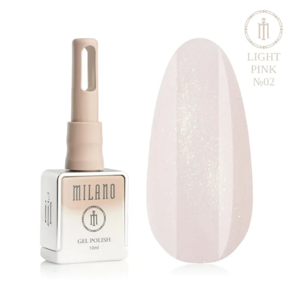 «Презентація гель-лаку Milano Gel Polish Light Pink Premium №02: ліворуч зображено фірмовий квадратний флакон об'ємом 10 мл у ніжно-нюдовому градієнтному виконанні з круглим логотипом, а праворуч — великий овальний макет-тіпс, який демонструє ніжний напівпрозорий молочно-рожевий відтінок із делікатним сріблястим мерехтливим шимером, на чистому білому тлі»