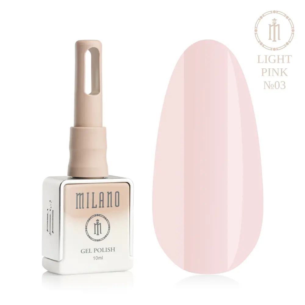 «Презентація гель-лаку Milano Gel Polish Light Pink Premium №03: ліворуч зображено фірмовий квадратний флакон об'ємом 10 мл у ніжно-нюдовому градієнтному виконанні з круглим логотипом, а праворуч — великий овальний макет-тіпс, який демонструє чистий пастельний світло-рожевий або класичний зефірний відтінок без шимеру, на чистому білому тлі»