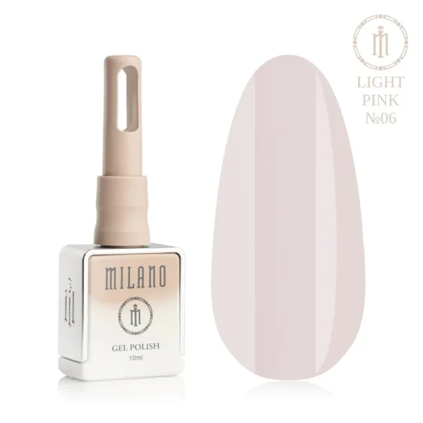 «Презентація гель-лаку Milano Gel Polish Light Pink Premium №06: ліворуч зображено фірмовий квадратний флакон об'ємом 10 мл у ніжно-нюдовому градієнтному виконанні з круглим логотипом, а праворуч — великий овальний макет-тіпс, який демонструє вишуканий блідо-рожевий або порцеляновий відтінок із легким прохолодним молочно-ліловим підтоном, на чистому білому тлі»