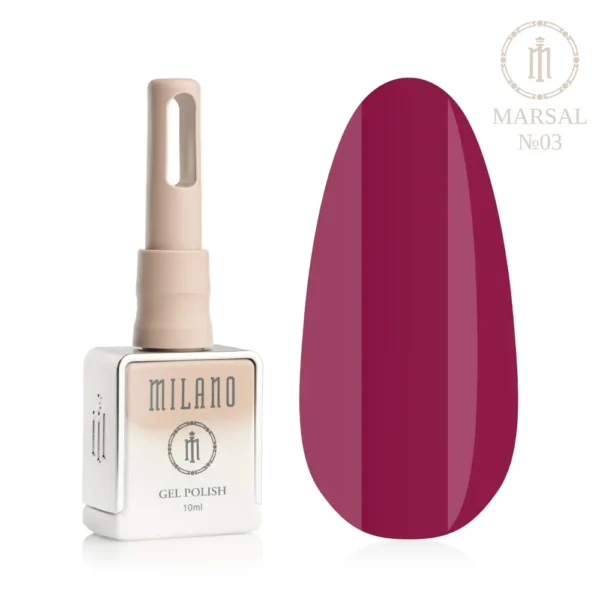 «Презентація гель-лаку Milano Gel Polish Marsal Premium №03: ліворуч зображено фірмовий квадратний флакон об'ємом 10 мл у ніжно-нюдовому градієнтному виконанні з круглим логотипом, а праворуч — великий овальний макет-тіпс, який демонструє соковитий ягідний, насичений карміново-бордовий відтінок або колір стиглої вишні, на чистому білому тлі»