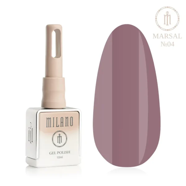 «Презентація гель-лаку Milano Gel Polish Marsal Premium №04: ліворуч зображено фірмовий квадратний флакон об'ємом 10 мл у ніжно-нюдовому градієнтному виконанні з круглим логотипом, а праворуч — великий овальний макет-тіпс, який демонструє стриманий і ніжний припилено-ліловий або складний попелясто-рожевий відтінок із пастельним підтоном, на чистому білому тлі»