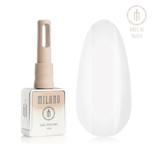 «Презентація гель-лаку Milano Gel Polish Milk Premium №01: ліворуч зображено фірмовий квадратний флакон об'ємом 10 мл у ніжно-ліловому градієнтному виконанні з круглим логотипом, а праворуч — великий овальний макет-тіпс, який демонструє класичний напівпрозорий молочно-білий відтінок із легким повітряним ефектом, на чистому білому тлі»