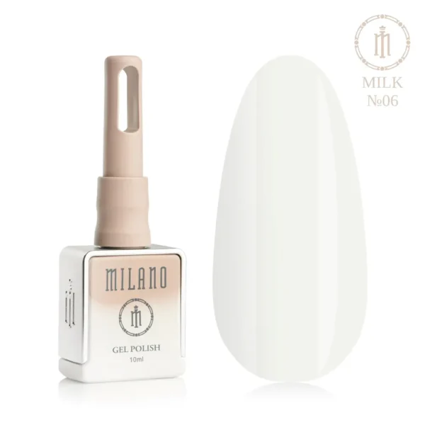 «Презентація гель-лаку Milano Gel Polish Milk Premium №06: ліворуч зображено фірмовий квадратний флакон об'ємом 10 мл у ніжно-ліловому градієнтному виконанні з круглим логотипом, а праворуч — великий овальний макет-тіпс, який демонструє насичений напівпрозорий молочно-білий відтінок із холодним пастельним підтоном, на чистому білому тлі»