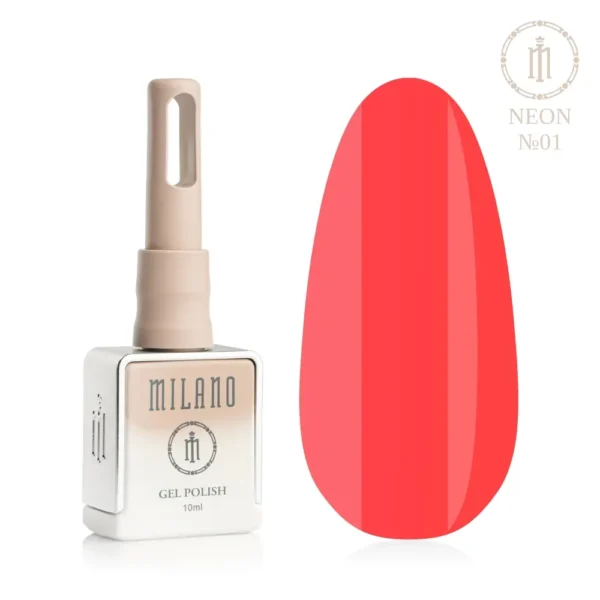 «Презентація гель-лаку Milano Gel Polish Neon Premium №01: ліворуч зображено фірмовий квадратний флакон об'ємом 10 мл у ніжно-нюдовому градієнтному виконанні з круглим логотипом, а праворуч — великий овальний макет-тіпс, який демонструє яскравий неоновий коралово-червоний або насичений кавуновий відтінок покриття, на чистому білому тлі»