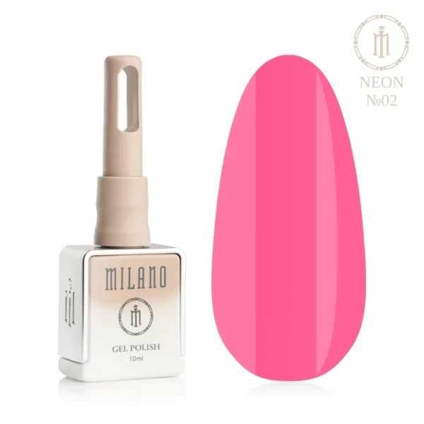 «Презентація гель-лаку Milano Gel Polish Neon Premium №02: ліворуч зображено фірмовий квадратний флакон об'ємом 10 мл у ніжно-нюдовому градієнтному виконанні з круглим логотипом, а праворуч — великий овальний макет-тіпс, який демонструє вибуховий неоновий рожевий відтінок або соковиту електричну фуксію, на чистому білому тлі»