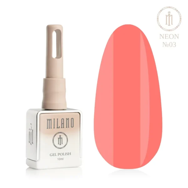 «Презентація гель-лаку Milano Gel Polish Neon Premium №03: ліворуч зображено фірмовий квадратний флакон об'ємом 10 мл у ніжно-нюдовому градієнтному виконанні з круглим логотипом, а праворуч — великий овальний макет-тіпс, який демонструє соковитий неоновий персиково-кораловий або яскравий теплий лососевий відтінок, на чистому білому тлі»