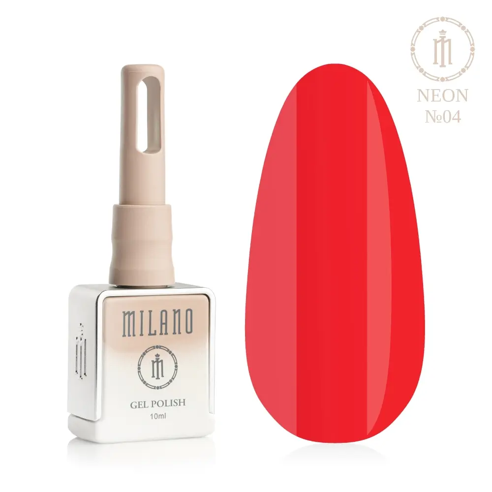 «Презентація гель-лаку Milano Gel Polish Neon Premium №04: ліворуч зображено фірмовий квадратний флакон об'ємом 10 мл у ніжно-нюдовому градієнтному виконанні з круглим логотипом, а праворуч — великий овальний макет-тіпс, який демонструє палкий неоновий червоний або вогняно-електричний червоний відтінок покриття, на чистому білому тлі»