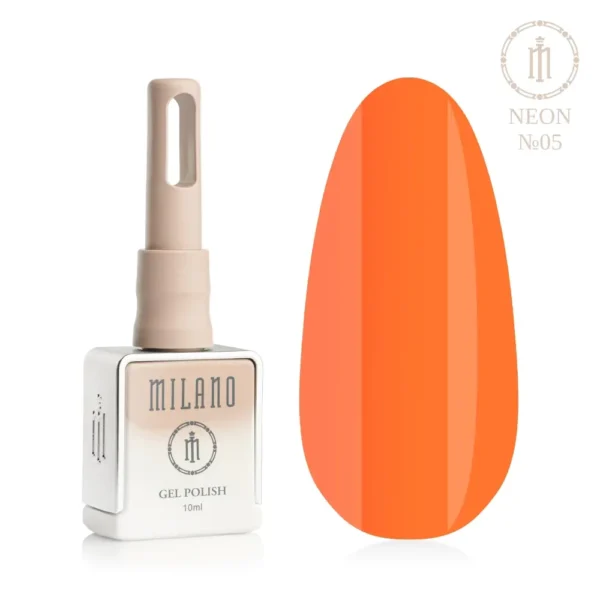 «Презентація гель-лаку Milano Gel Polish Neon Premium №05: ліворуч зображено фірмовий квадратний флакон об'ємом 10 мл у ніжно-нюдовому градієнтному виконанні з круглим логотипом, а праворуч — великий овальний макет-тіпс, який демонструє ультраяскравий неоновий помаранчевий або соковитий цитрусово-оранжевий відтінок, на чистому білому тлі»