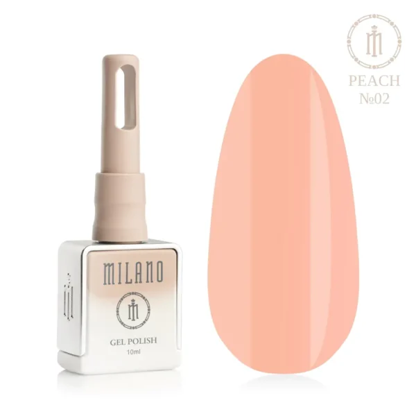 «Презентація гель-лаку Milano Gel Polish Peach Premium №02: ліворуч зображено фірмовий квадратний флакон об'ємом 10 мл у ніжно-ліловому градієнтному виконанні з круглим логотипом, а праворуч — великий овальний макет-тіпс, який демонструє ніжний пастельний персиковий відтінок з м'яким пудрово-рожевим підтоном, на чистому білому тлі»