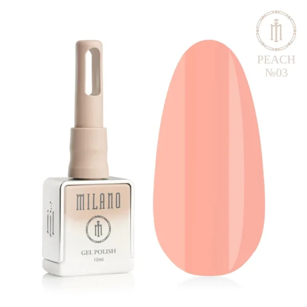 «Презентація гель-лаку Milano Gel Polish Peach Premium №03: ліворуч зображено фірмовий квадратний флакон об'ємом 10 мл у ніжно-ліловому градієнтному виконанні з круглим логотипом, а праворуч — великий овальний макет-тіпс, який демонструє класичний світло-абрикосовий або чистий пастельний персиковий відтінок, на чистому білому тлі»