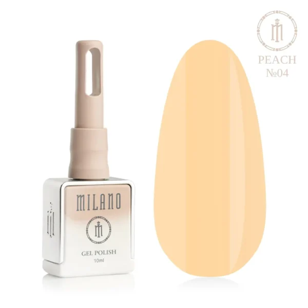 «Презентація гель-лаку Milano Gel Polish Peach Premium №04: ліворуч зображено фірмовий квадратний флакон об'ємом 10 мл у ніжно-ліловому градієнтному виконанні з круглим логотипом, а праворуч — великий овальний макет-тіпс, який демонструє теплий і соковитий пастельно-персиковий відтінок покриття, на чистому білому тлі»