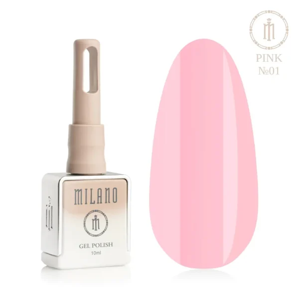 «Презентація гель-лаку Milano Gel Polish Pink Premium №01: ліворуч зображено фірмовий квадратний флакон об'ємом 10 мл у ніжно-нюдовому градієнтному виконанні з круглим логотипом, а праворуч — великий овальний макет-тіпс, який демонструє класичний ніжно-рожевий, ляльковий або цукерковий відтінок покриття, на чистому білому тлі»