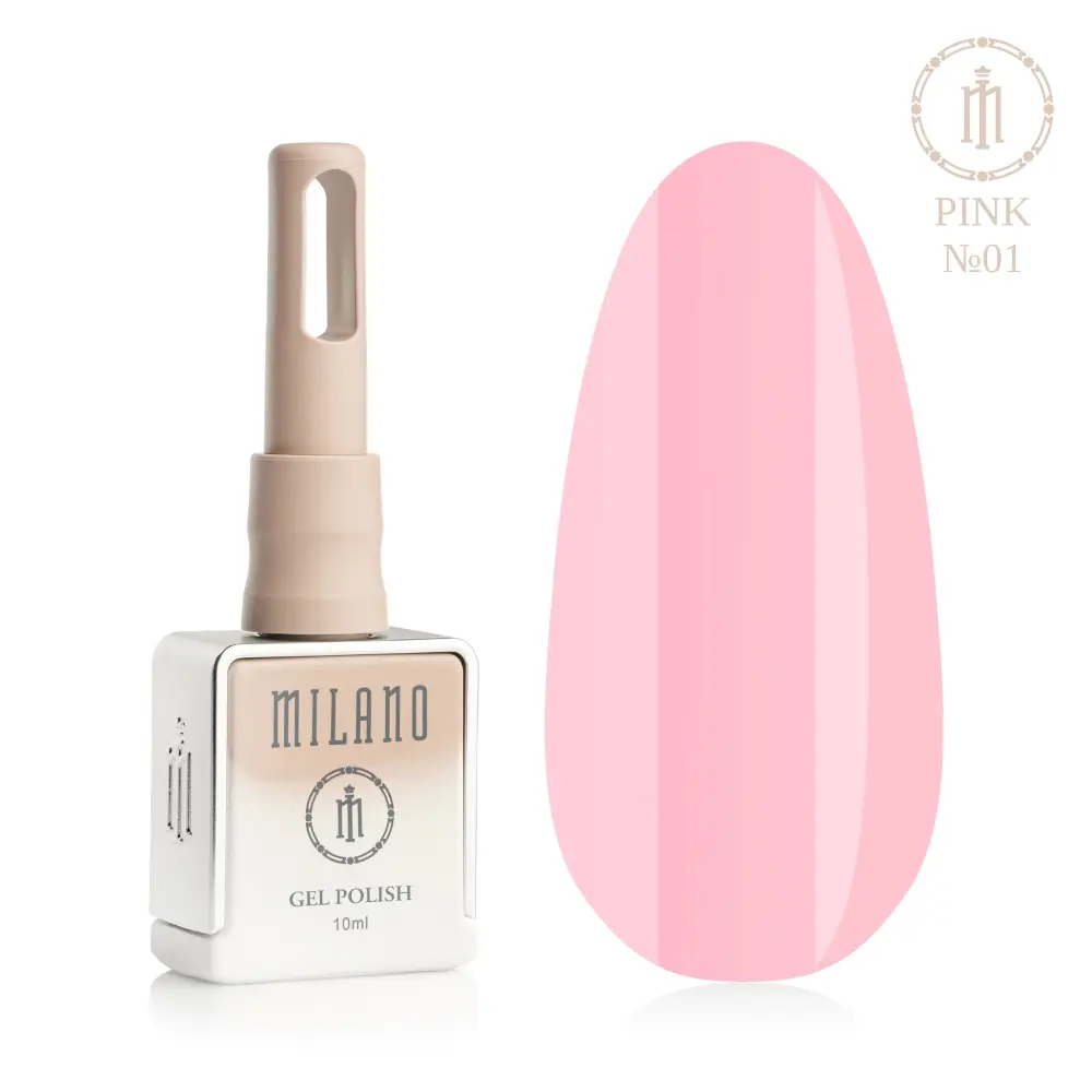 «Презентація гель-лаку Milano Gel Polish Pink Premium №01: ліворуч зображено фірмовий квадратний флакон об'ємом 10 мл у ніжно-нюдовому градієнтному виконанні з круглим логотипом, а праворуч — великий овальний макет-тіпс, який демонструє класичний ніжно-рожевий, ляльковий або цукерковий відтінок покриття, на чистому білому тлі»