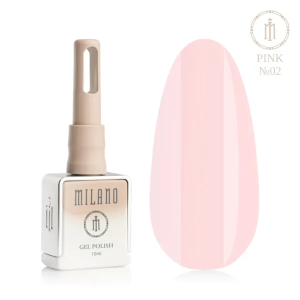 «Презентація гель-лаку Milano Gel Polish Pink Premium №02: ліворуч зображено фірмовий квадратний флакон об'ємом 10 мл у ніжно-нюдовому градієнтному виконанні з круглим логотипом, а праворуч — великий овальний макет-тіпс, який демонструє ультралегкий пастельний, витончений молочно-рожевий або світло-пудровий відтінок, на чистому білому тлі»