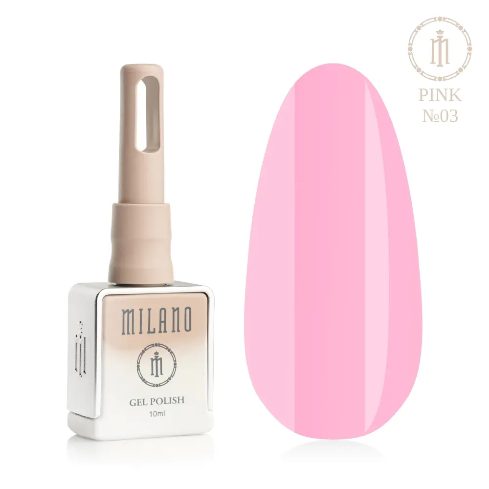 «Презентація гель-лаку Milano Gel Polish Pink Premium №03: ліворуч зображено фірмовий квадратний флакон об'ємом 10 мл у ніжно-нюдовому градієнтному виконанні з круглим логотипом, а праворуч — великий овальний макет-тіпс, який демонструє свіжий рожевий відтінок бабл-гам (bubblegum) або чистий зефірно-рожевий колір, на чистому білому тлі»