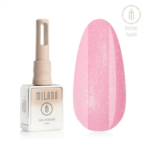 «Презентація гель-лаку Milano Gel Polish Pink Premium №04: ліворуч зображено фірмовий квадратний флакон об'ємом 10 мл у ніжно-нюдовому градієнтному виконанні з круглим логотипом, а праворуч — великий овальний макет-тіпс, який демонструє сяючий рожевий відтінок, густо насичений дрібним сріблястим шимером та делікатним мікроблиском, на чистому білому тлі»