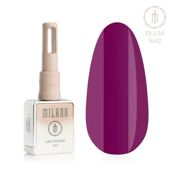 «Презентація гель-лаку Milano Gel Polish Plum Premium №02: ліворуч зображено фірмовий квадратний флакон об'ємом 10 мл у ніжно-нюдовому градієнтному виконанні з круглим логотипом, а праворуч — великий овальний макет-тіпс, який демонструє насичений та яскравий ягідно-сливовий, фуксієво-пурпуровий або соковитий виноградний відтінок, на чистому білому тлі»