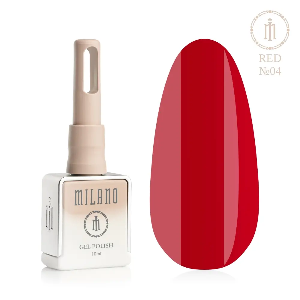 «Презентація гель-лаку Milano Gel Polish Red Premium №04: ліворуч зображено фірмовий квадратний флакон об'ємом 10 мл у ніжно-нюдовому градієнтному виконанні з круглим логотипом, а праворуч — великий овальний макет-тіпс, який демонструє глибокий класичний червоний, щільний криваво-червоний або насичений червоний відтінок покриття, на чистому білому тлі»