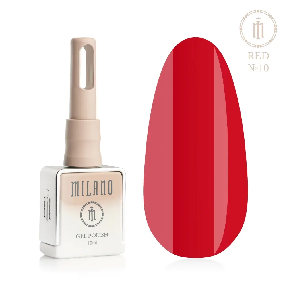 «Презентація гель-лаку Milano Gel Polish Red Premium №10: ліворуч зображено фірмовий квадратний флакон об'ємом 10 мл у ніжно-нюдовому градієнтному виконанні з круглим логотипом, а праворуч — великий овальний макет-тіпс, який демонструє глибокий насичений червоний, щільний криваво-червоний або шляхетний карміновий відтінок покриття, на чистому білому тлі»