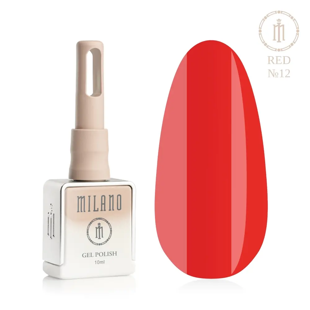 «Презентація гель-лаку Milano Gel Polish Red Premium №12: ліворуч зображено фірмовий квадратний флакон об'ємом 10 мл у ніжно-нюдовому градієнтному виконанні з круглим логотипом, а праворуч — великий овальний макет-тіпс, який демонструє соковитий червоно-кораловий, експресивний томатний або світлий яскраво-червоний відтінок із вираженим теплим сонячним підтоном, на чистому білому тлі»