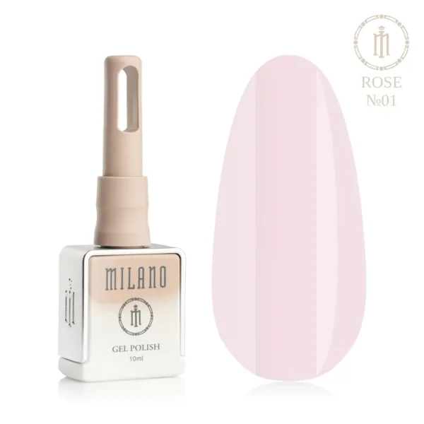 «Презентація гель-лаку Milano Gel Polish Rose Premium №01: ліворуч зображено фірмовий квадратний флакон об'ємом 10 мл у ніжно-нюдовому градієнтному виконанні з круглим логотипом, а праворуч — великий овальний макет-тіпс, який демонструє повітряний молочно-рожевий, надніжний зефірний або світло-рожевий пастельний відтінок, на чистому білому тлі»