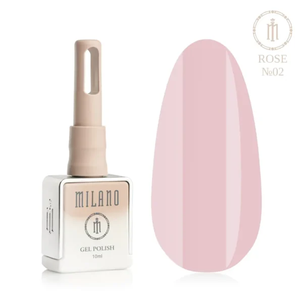 «Презентація гель-лаку Milano Gel Polish Rose Premium №02: ліворуч зображено фірмовий квадратний флакон об'ємом 10 мл у ніжно-нюдовому градієнтному виконанні з круглим логотипом, а праворуч — великий овальний макет-тіпс, який демонструє витончений припорошено-рожевий відтінок, ефект ніжної пильної троянди або елегантний кремово-рожевий колір покриття, на чистому білому тлі»