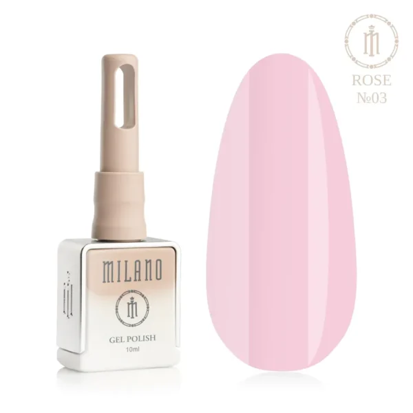 «Презентація гель-лаку Milano Gel Polish Rose Premium №03: ліворуч зображено фірмовий квадратний флакон об'ємом 10 мл у ніжно-нюдовому градієнтному виконанні з круглим логотипом, а праворуч — великий овальний макет-тіпс, який демонструє романтичний світло-рожевий, ніжний пастельний або класичний ляльково-рожевий відтінок покриття, на чистому білому тлі»