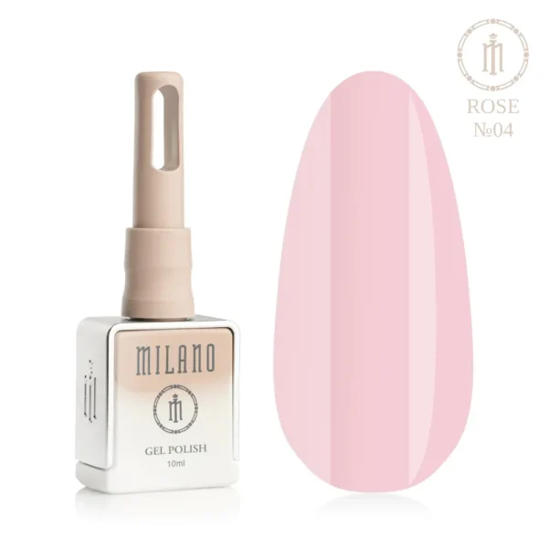 «Презентація гель-лаку Milano Gel Polish Rose Premium №04: ліворуч зображено фірмовий квадратний флакон об'ємом 10 мл у ніжно-нюдовому градієнтному виконанні з круглим логотипом, а праворуч — великий овальний макет-тіпс, який демонструє делікатний карамельно-рожевий, теплий пастельний або ніжний цукерковий відтінок, на чистому білому тлі»