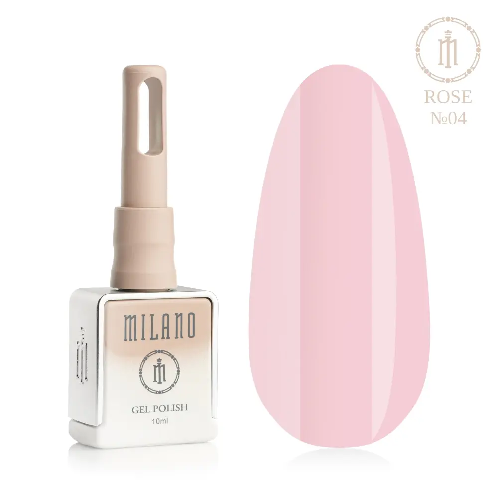 «Презентація гель-лаку Milano Gel Polish Rose Premium №04: ліворуч зображено фірмовий квадратний флакон об'ємом 10 мл у ніжно-нюдовому градієнтному виконанні з круглим логотипом, а праворуч — великий овальний макет-тіпс, який демонструє делікатний карамельно-рожевий, теплий пастельний або ніжний цукерковий відтінок, на чистому білому тлі»