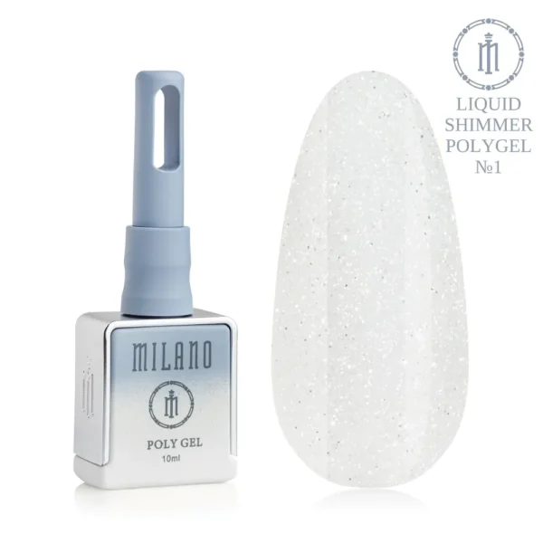 «Презентація рідкого полігелю Milano Liquid Shimmer Polygel №01: ліворуч зображено фірмовий квадратний флакон об'ємом 10 мл у стиманому сіро-блакитному градієнтному виконанні, а праворуч — великий овальний макет-тіпс, який демонструє чистий, ніжний напівпрозорий молочно-білий відтінок із делікатним сріблястим мікрошимером, на чистому білому тлі»