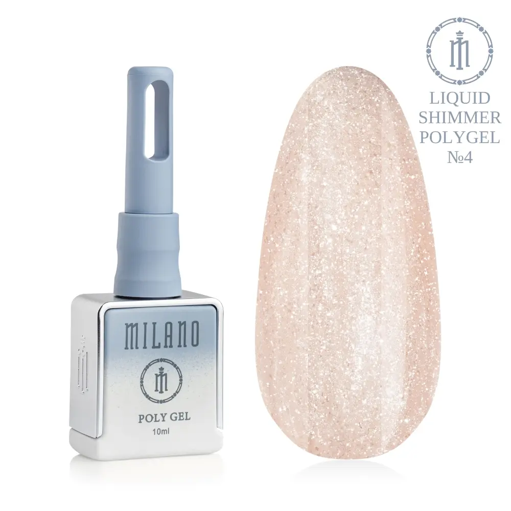 «Презентація рідкого полігелю Milano Liquid Shimmer Polygel №04: ліворуч зображено фірмовий квадратний флакон об'ємом 10 мл у сіро-блакитному градієнтному виконанні, а праворуч — великий овальний макет-тіпс, який демонструє вишуканий світлий пастельно-ліловий відтінок із густим та делікатним сріблястим мікрошимером, на чистому білому тлі»