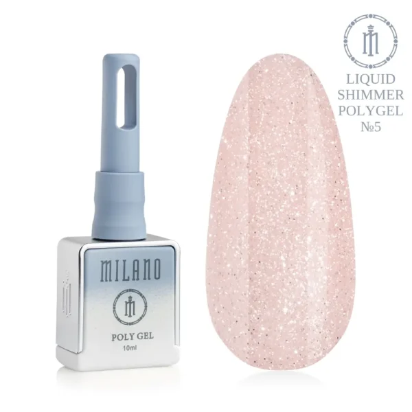 «Презентація рідкого полігелю Milano Liquid Shimmer Polygel №05: ліворуч зображено фірмовий квадратний флакон об'ємом 10 мл у сіро-блакитному градієнтному виконанні, а праворуч — великий овальний макет-тіпс, який демонструє напівпрозорий сріблясто-білий відтінок, дуже щільно заповнений блискучим іскристим шимером, на чистому білому тлі»