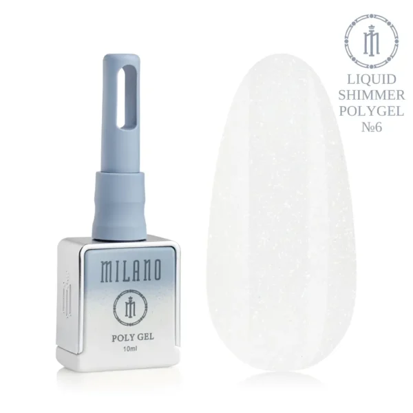 «Презентація рідкого полігелю Milano Liquid Shimmer Polygel №06: ліворуч зображено фірмовий квадратний флакон об'ємом 10 мл у сіро-блакитному градієнтному виконанні, а праворуч — великий овальний макет-тіпс, який демонструє ніжний зефірно-рожевий пастельний відтінок, делікатно насичений дрібними сріблястими блискітками, на чистому білому тлі»