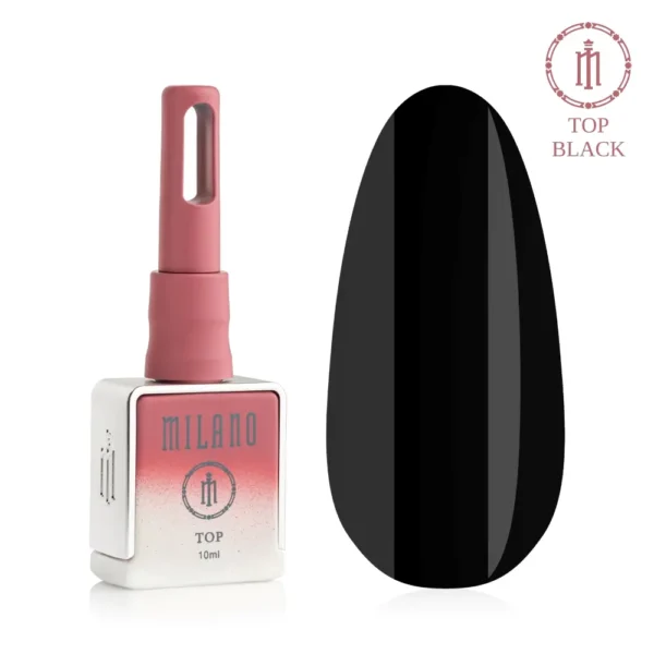 «Рекламний банер матового топу для гель-лаку Milano Cosmetic Top Premium Velour: у центрі зображено фірмовий чорний матовий флакон об’ємом 15 мл із золотистим круглим ковпачком, оточений об'ємними темними текстурними елементами, що нагадують м'яку велюрову або замшеву тканину, на глибокому чорному тлі».