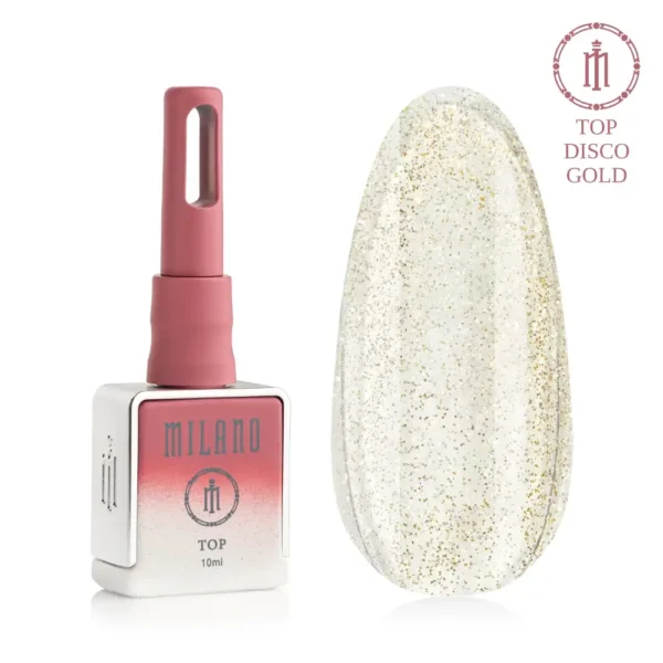 «Рекламний банер світловідбиваючого топу для гель-лаку Milano Cosmetic Top Premium Disco Gold: у центрі зображено фірмовий чорний матовий флакон об’ємом 10 мл із золотистим ковпачком, оточений сяючими золотими диско-кулями різних розмірів та іскристими золотавими спалахами й конфеті на глибокому темному тлі».