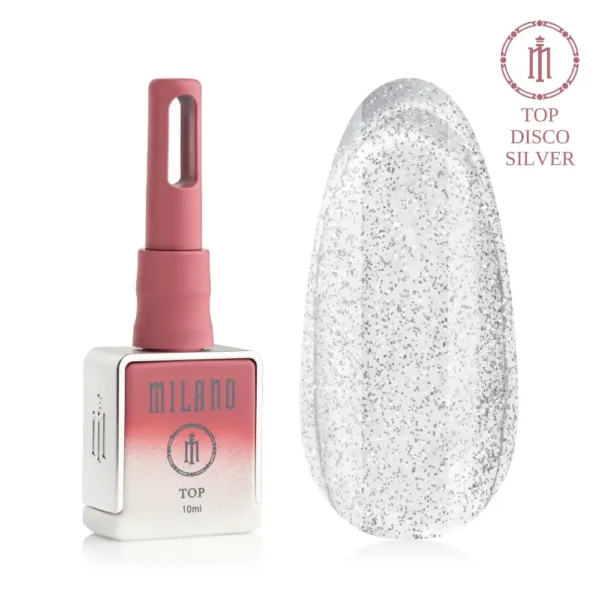 «Рекламний банер світловідбиваючого топу для гель-лаку Milano Cosmetic Top Premium Disco Silver: у центрі зображено фірмовий чорний матовий флакон об’ємом 10 мл із золотистим ковпачком, оточений сяючими сріблястими диско-кулями різних розмірів та іскристими холодними спалахами світла й конфеті на глибокому темному тлі»