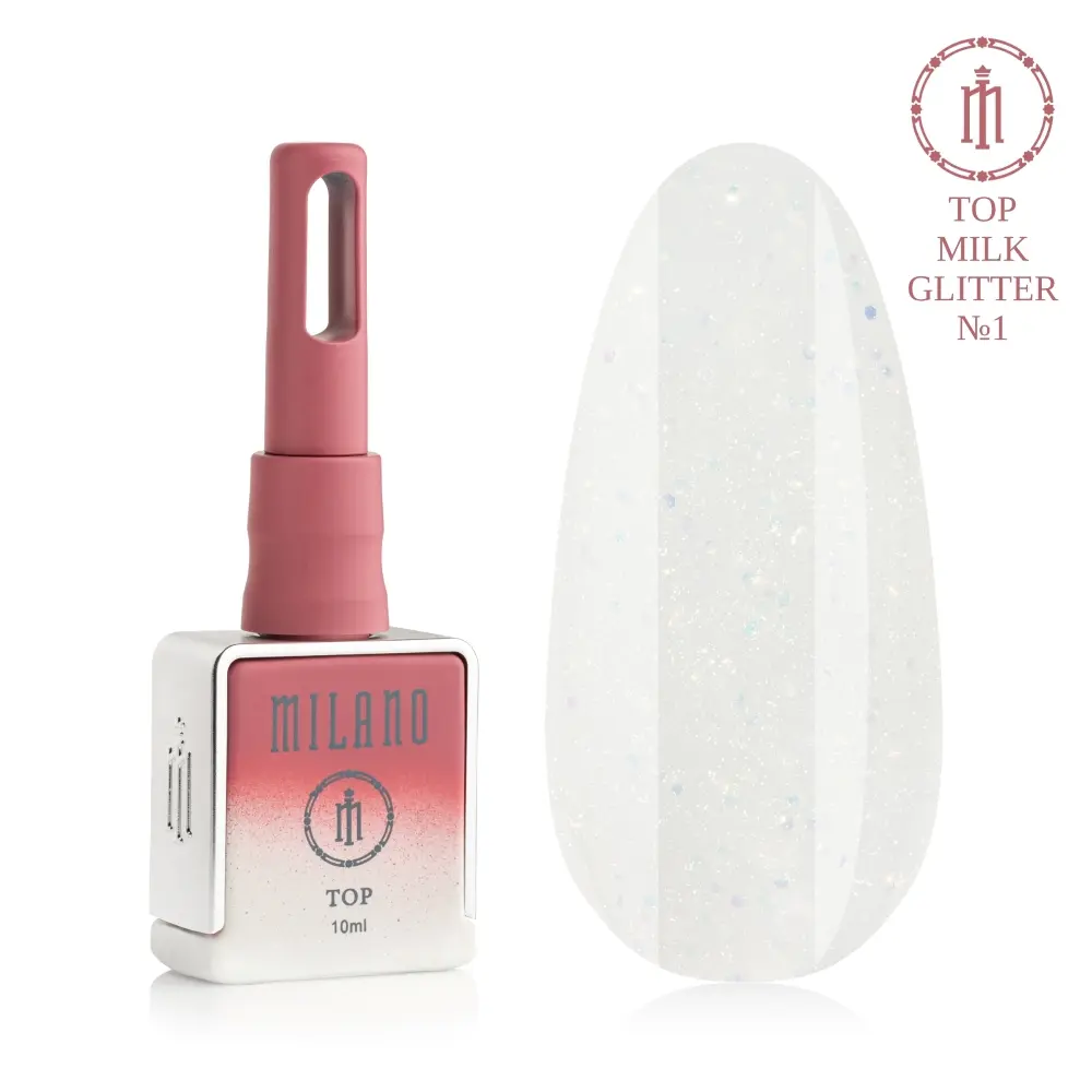 «Презентація молочного топу з блискітками Milano Top Milk Glitter №1: ліворуч зображено фірмовий квадратний флакон об'ємом 10 мл із біло-рожевим градієнтом, а праворуч — великий овальний макет-тіпс, який демонструє напівпрозоре молочно-біле покриття з ніжним різнокольоровим та сріблястим мікрошимером»