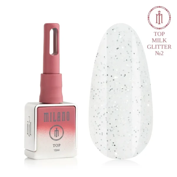 «Презентація молочного топу з блискітками Milano Top Milk Glitter №2: ліворуч зображено фірмовий квадратний флакон об'ємом 10 мл із біло-рожевим градієнтом, а праворуч — великий овальний макет-тіпс, який демонструє напівпрозоре молочно-біле покриття з великою кількістю сріблястих блискіток та мерехтливим шимером різного розміру»