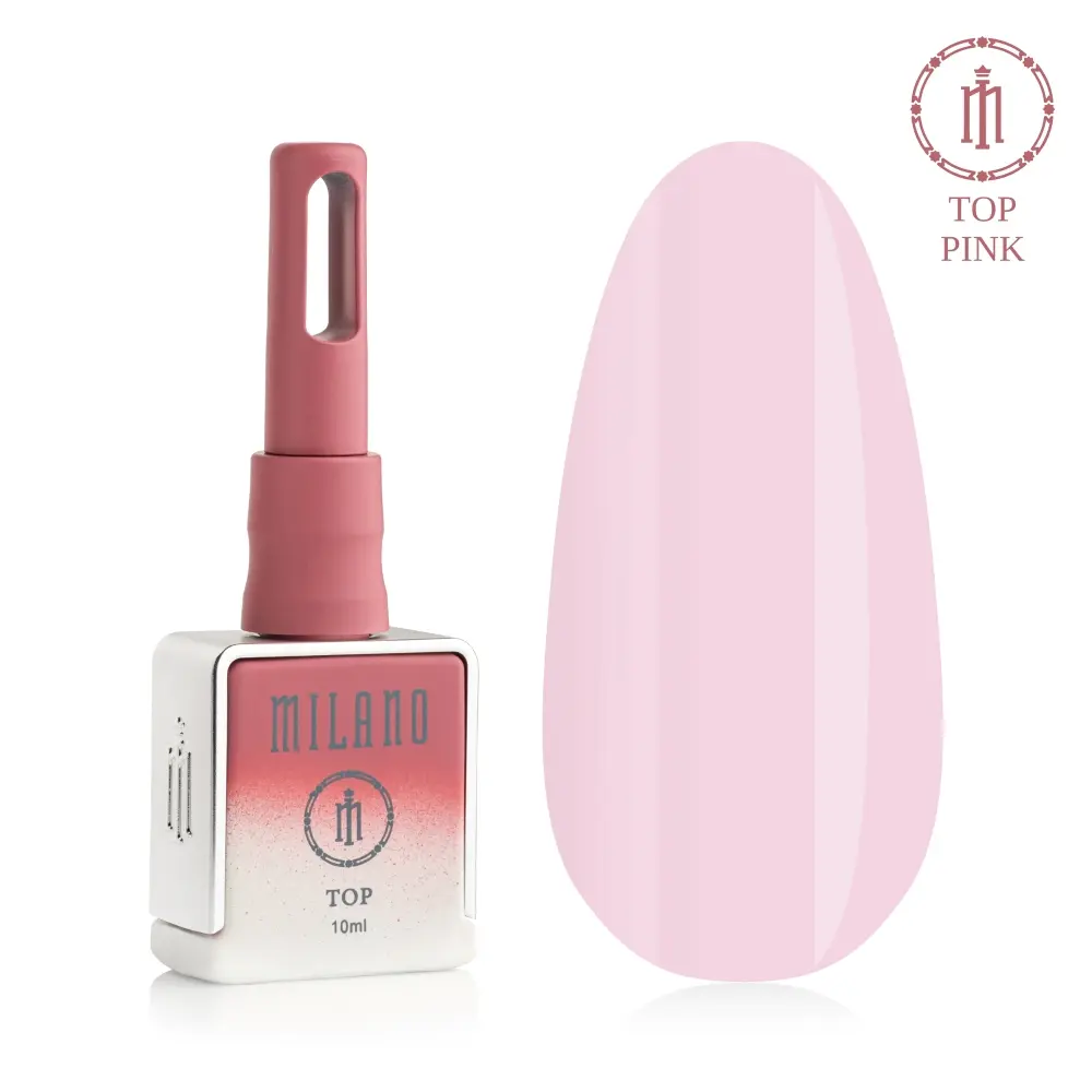 «Рекламний банер камуфлюючого рожевого топу для гель-лаку Milano Cosmetic Top Premium Pink: у центрі зображено фірмовий чорний матовий флакон об’ємом 15 мл із золотистим круглим ковпачком, оточений ніжними напівпрозорими рожевими краплями та повітряними пелюстками квітів на пастельному рожево-бежевому тлі з м'яким градієнтом».
