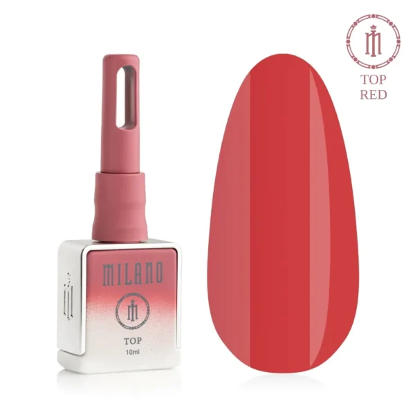 «Рекламний банер напівпрозорого червоного топу для гель-лаку Milano Cosmetic Top Premium Red: у центрі зображено фірмовий чорний матовий флакон об’ємом 15 мл із золотистими написом та ковпачком, оточений соковитими червоними глянцевими краплями та пелюстками троянд на глибокому темно-червоному тлі з ефектом внутрішнього сяйва».
