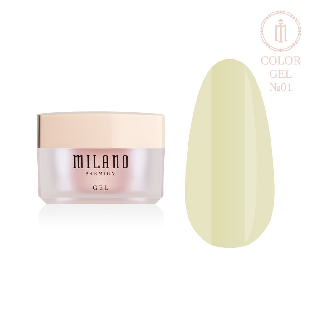 «Презентація кольорового моделюючого гелю Milano Builder Gel Color Premium №01: ліворуч зображено фірмову круглу білу баночку зі срібним брендингом, а праворуч — великий круглий макет-тіпс, який демонструє чистий, м'який та повітряний молочно-білий відтінок із ідеально рівною глянцевою поверхнею, на чистому білому тлі»
